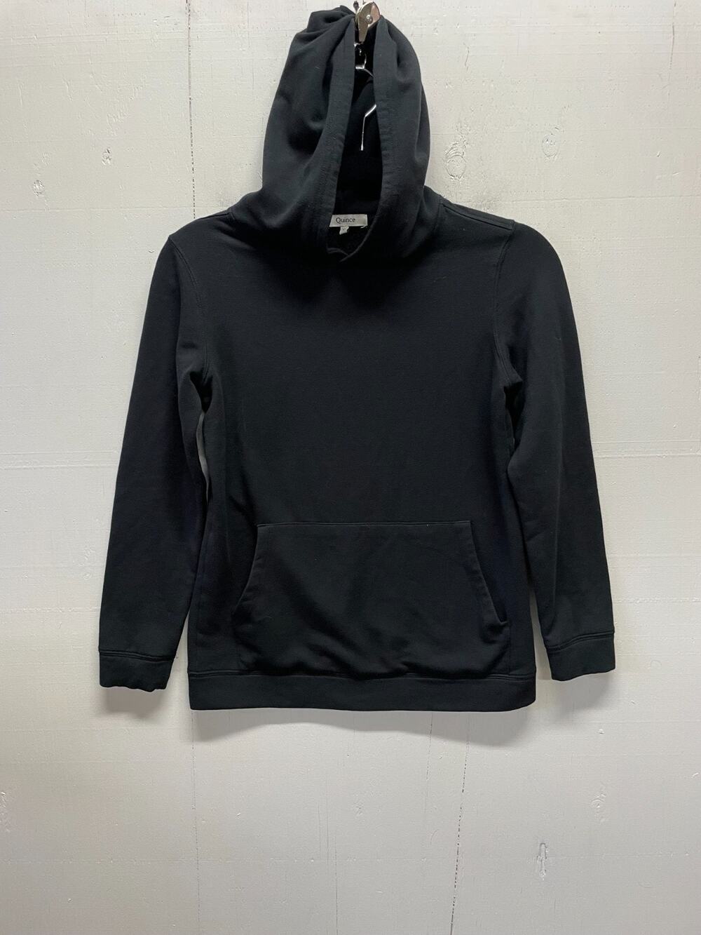 Quince Women's Supersoft Fleece Black Pullover Hoodie Size 12 Kangaroo Pocket